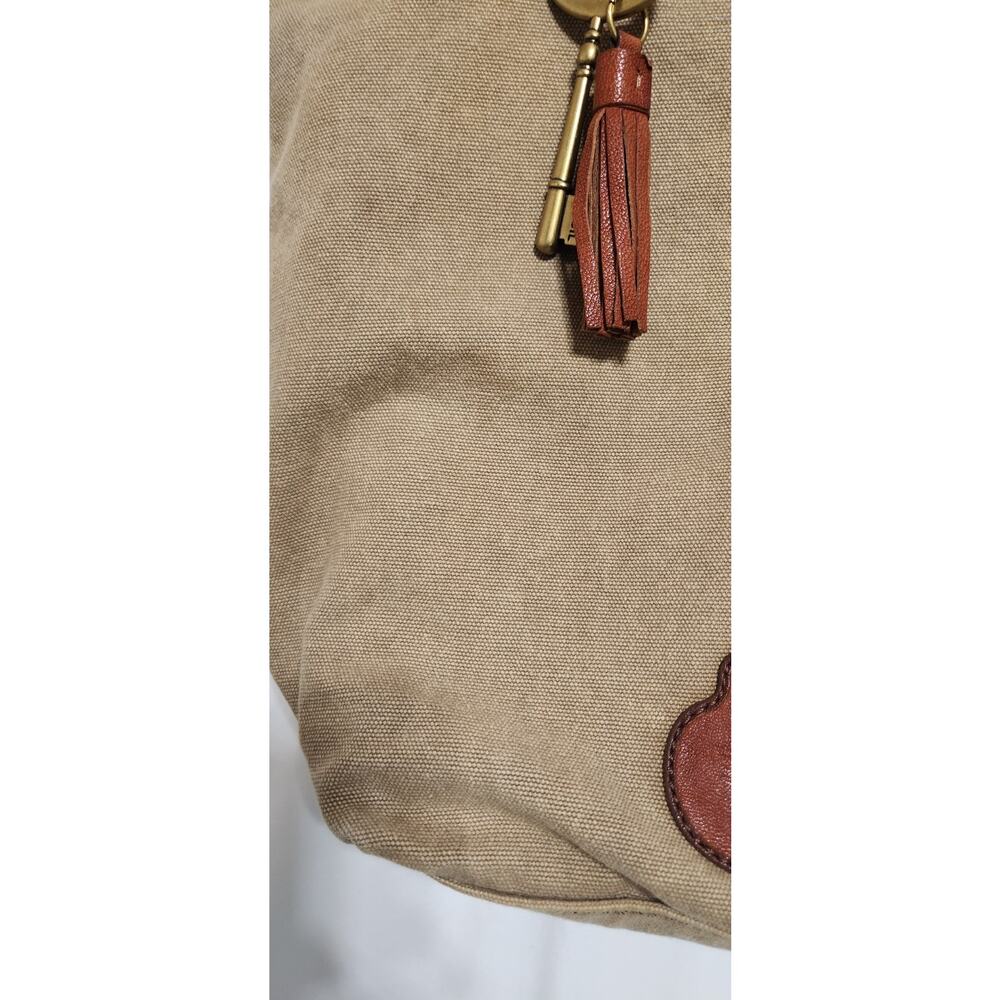 FOSSIL Large Jules Key Tote Tan Canvas Leather Handles Brass Key Tassel - Picture 10 of 13